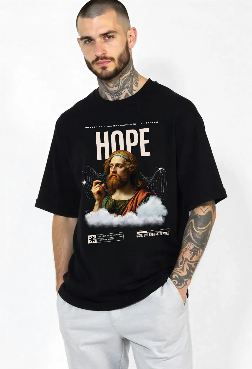CRAZY FUSS Men HOPE Print Oversized Cotton T-Shirt