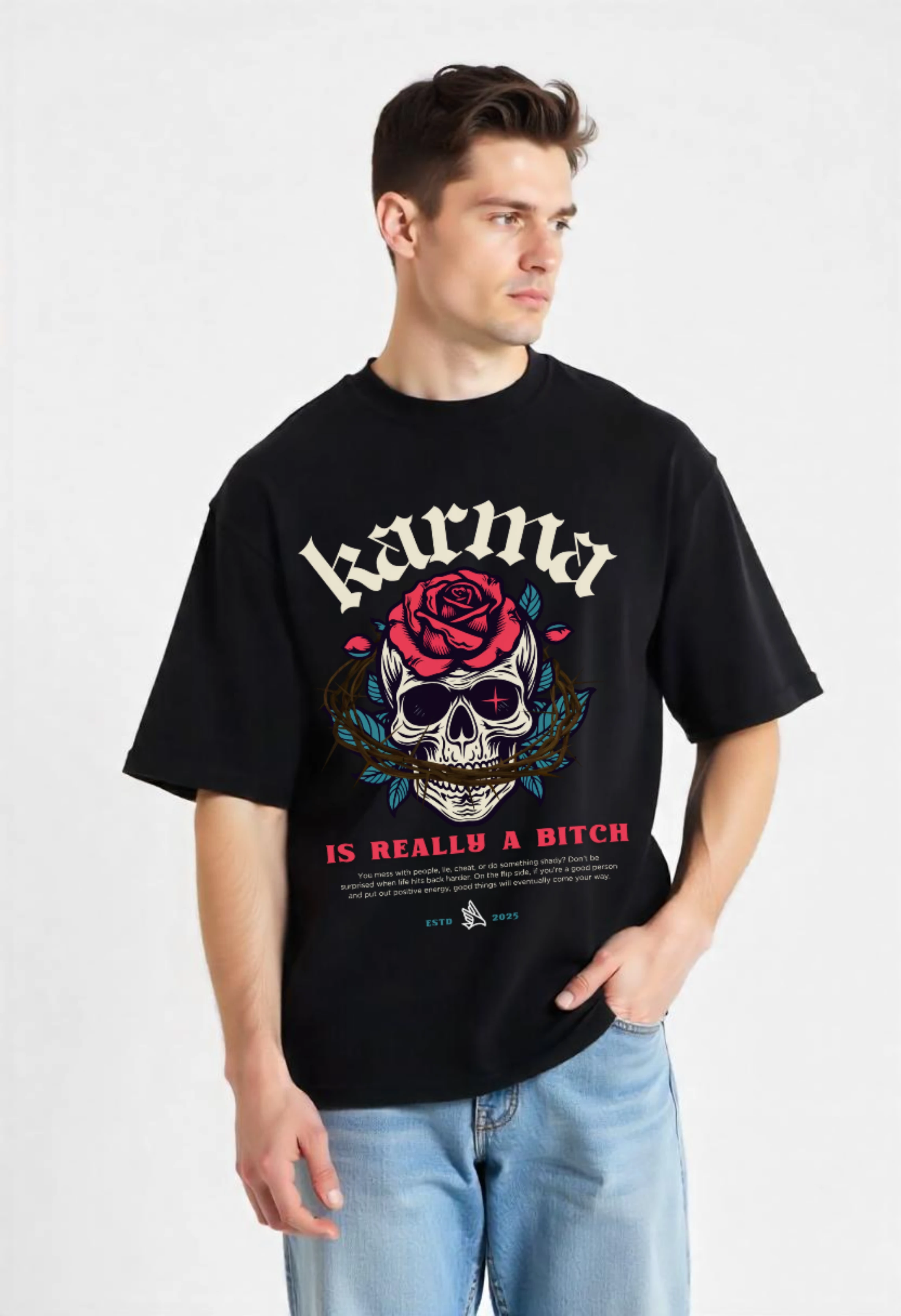 CRAZY FUSS Men KARMA Print Oversized Cotton T-Shirt