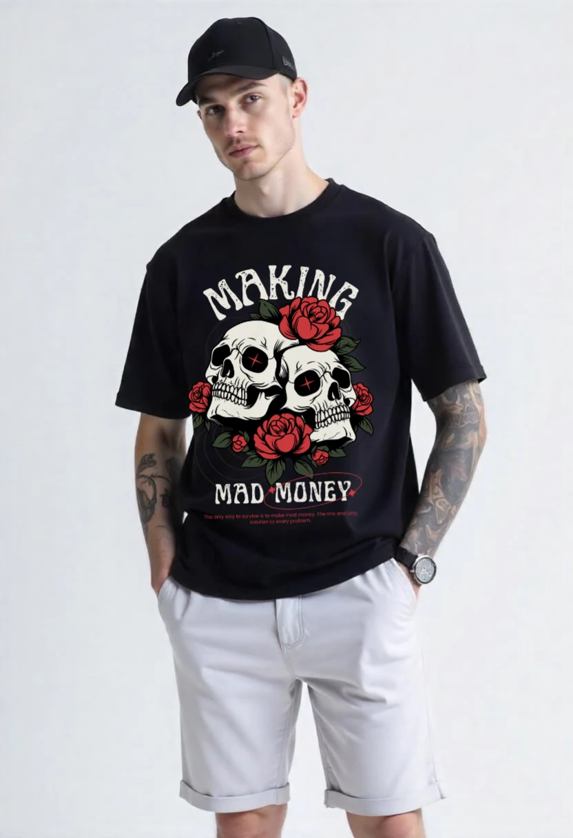 CRAZY FUSS Men MAD MONEY Print Oversized Cotton T-Shirt