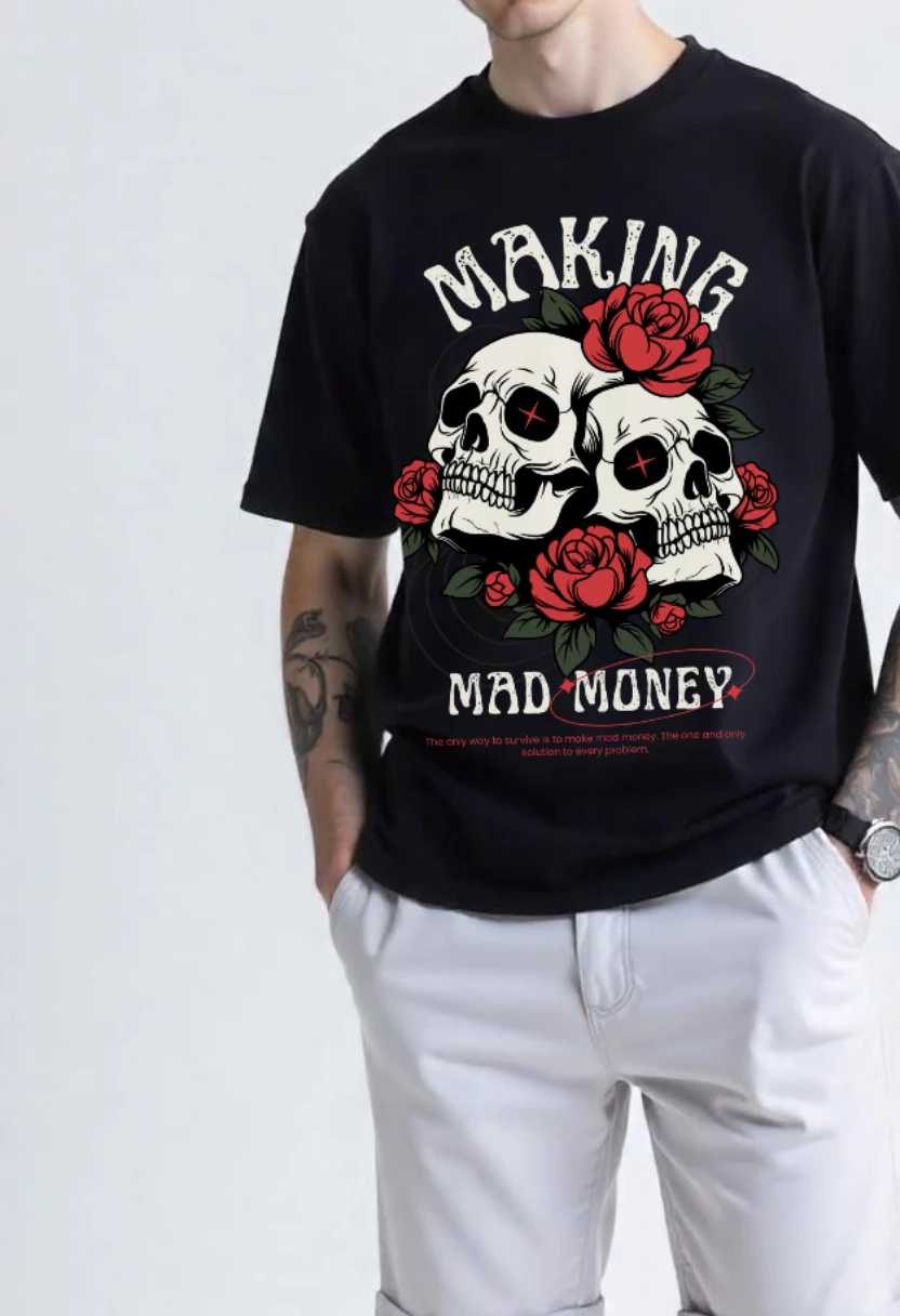 CRAZY FUSS Men MAD MONEY Print Oversized Cotton T-Shirt