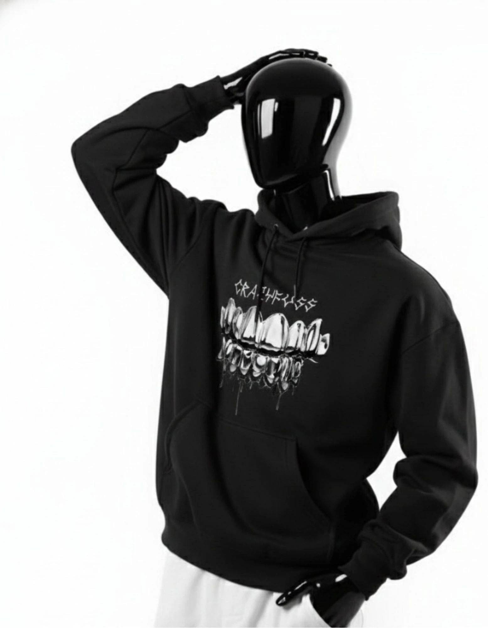 CRAZYFUSS Men Metal Teeth Print Oversized Cotton Hoodie